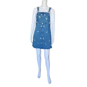 Divided H&M Womens Size 4 Floral Embroidered Denim Bib Overall Dress Cutoff Mini